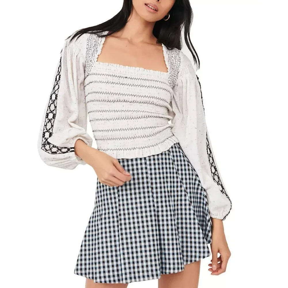 NWT New $148 Free People Maggie Embroidered Shirred Ivory Blouse Top Size M